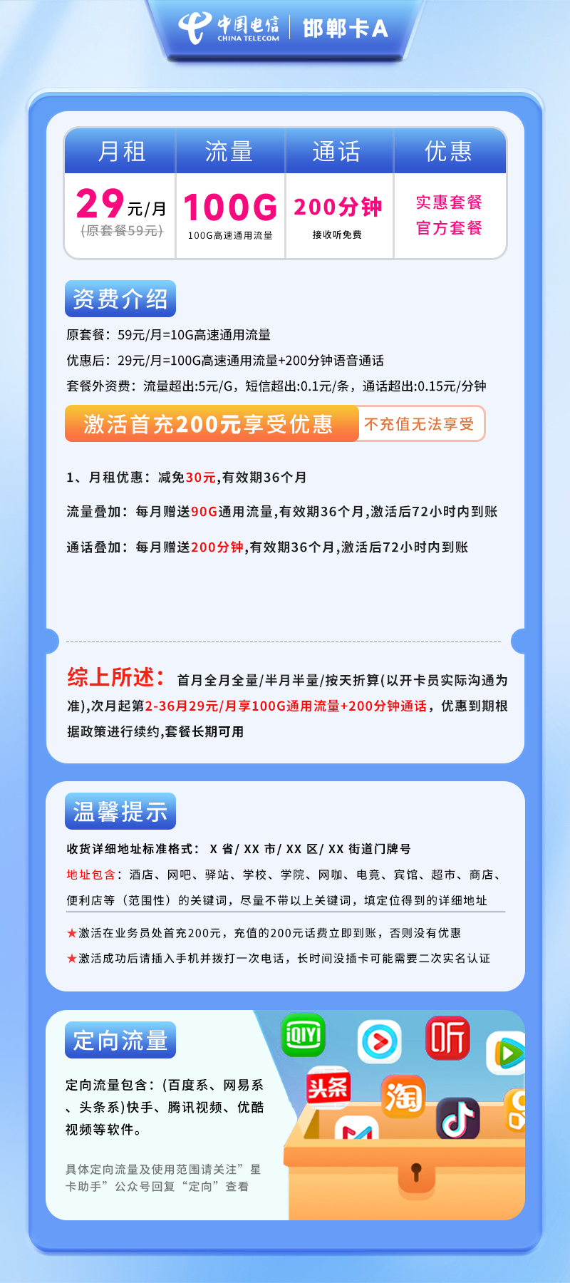 电信邯郸卡A【仅发邯郸】详情
