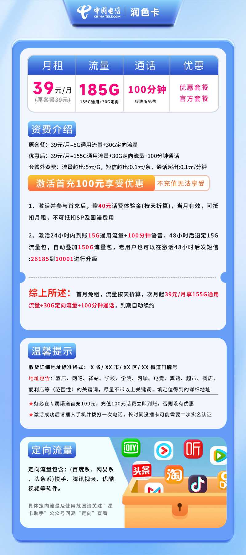 电信润色卡【仅发湖南】详情