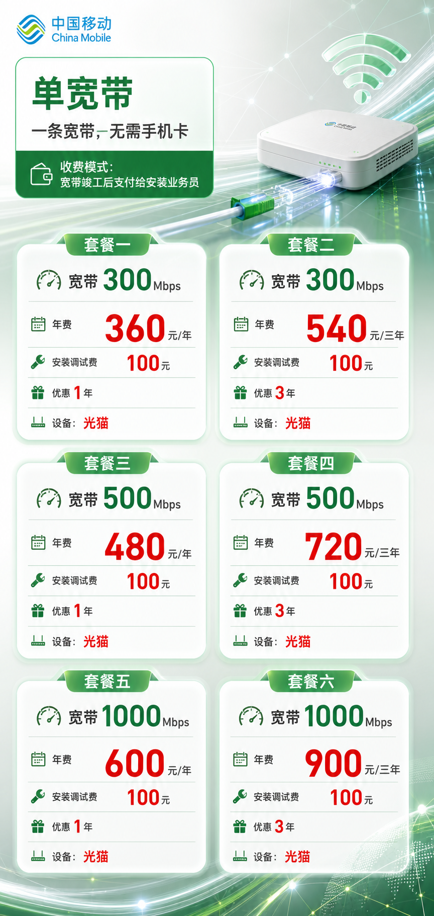 怀化移动单宽带详情
