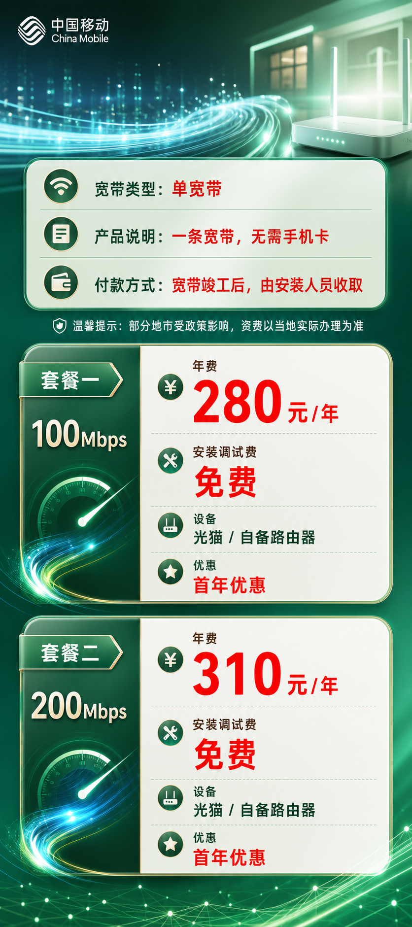 菏泽移动单宽带详情