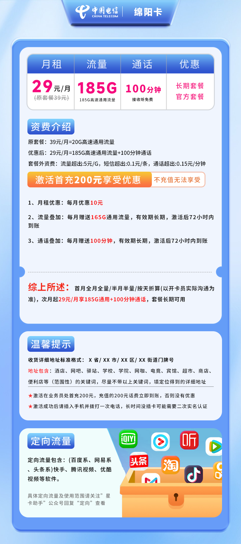电信绵阳卡A 【仅发绵阳】详情