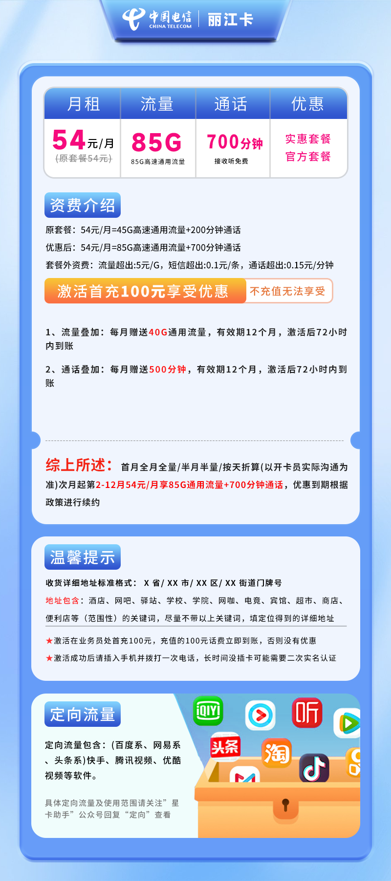 电信丽江卡A【仅发丽江】详情