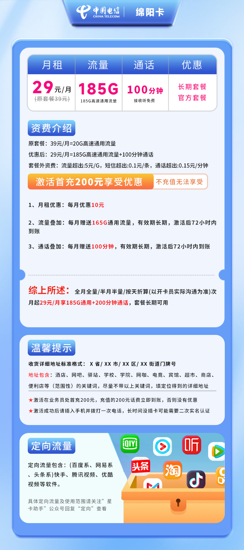 电信绵阳卡B【仅发绵阳】详情
