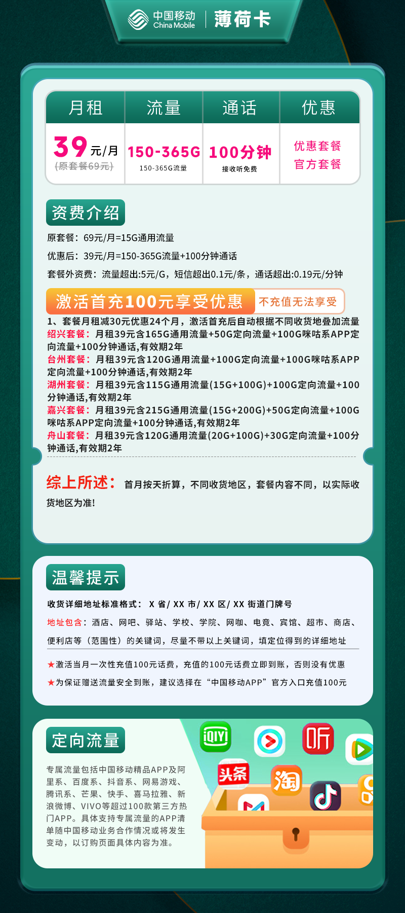 移动薄荷卡【仅发绍兴/台州/湖州/嘉兴/舟山】详情