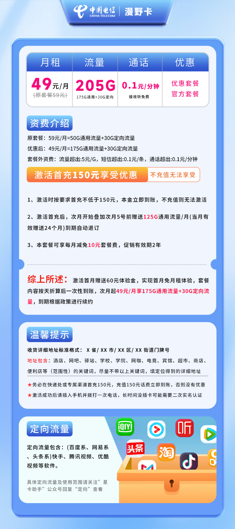 电信漫野卡【仅发云南】详情
